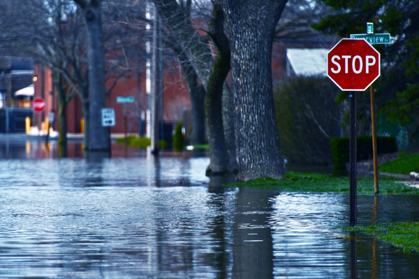 Flooded residential street with a stop sign standing in the water